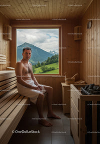 Relaxing Man in Wooden Sauna with Mountainous Landscape View