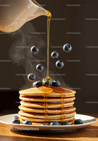 Stack of Fluffy Pancakes with Blueberries and Honey Drizzle