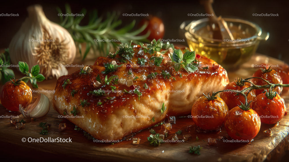 Fresh Baked Salmon with Cherry Tomatoes and Herbs on Wooden Board