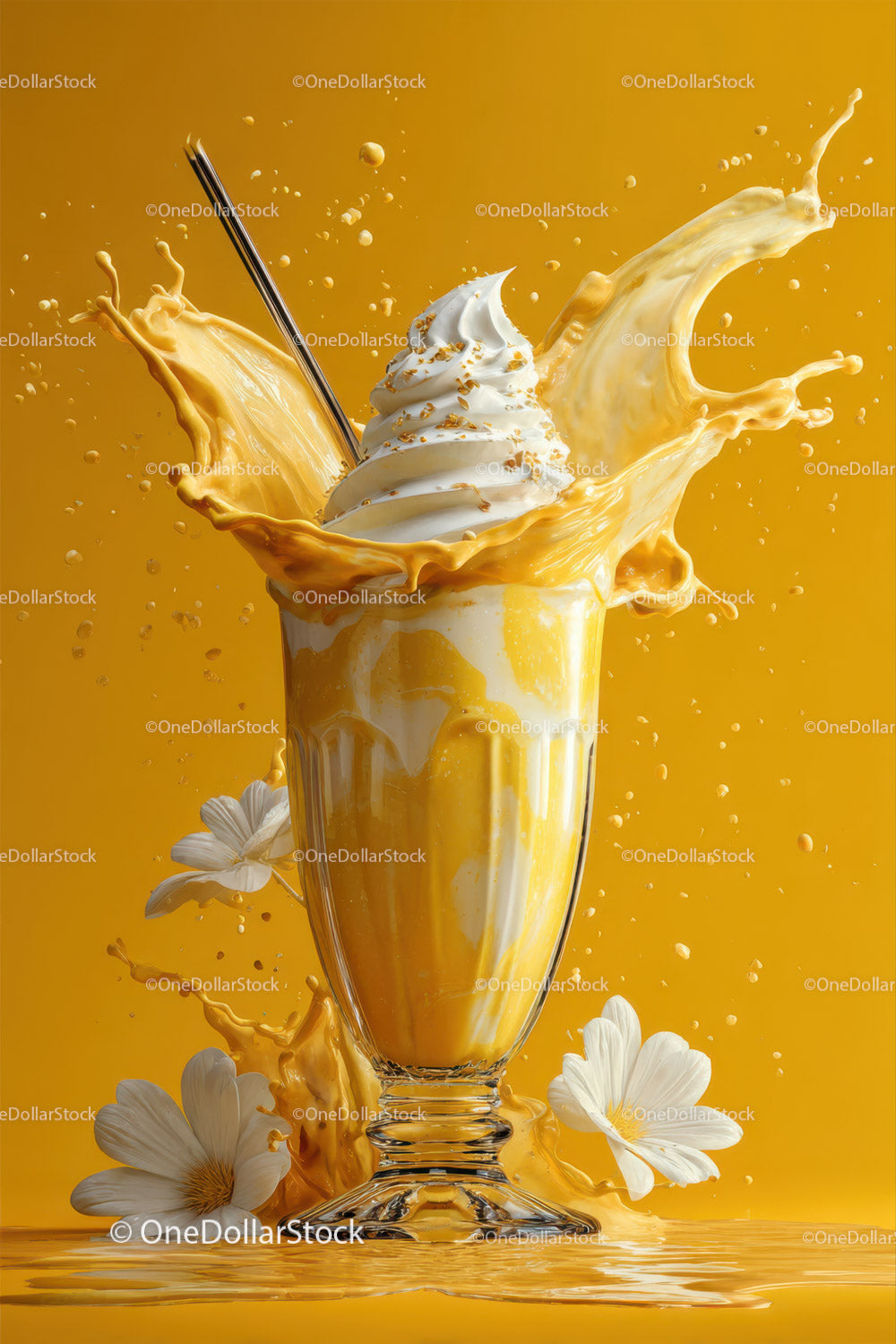 Mango Yogurt Parfait Splash in Tall Glass with White Flowers