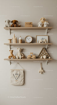 Adorable Children's Room Decor with Plush Toys and Wooden Artifacts