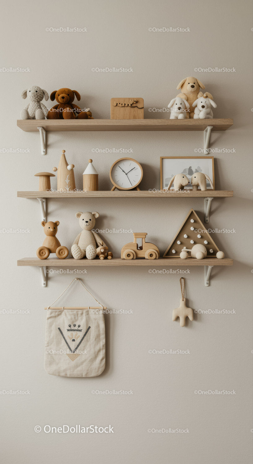 Adorable Children's Room Decor with Plush Toys and Wooden Artifacts
