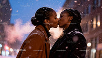 Winter Evening Kiss Between Two Women Outdoors