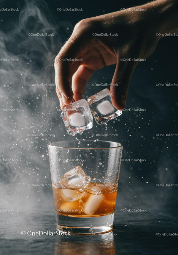 Ręka Dodająca Kostki Lodu do Szklanki z Whisky z Mgłą