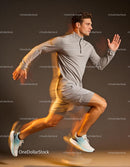 Athlete sprinting with dynamic motion on gray background