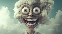 Surreal Human Face with Large Eyes and Eccentric Smile