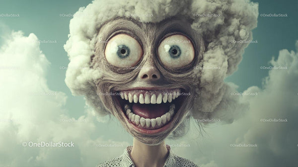 Surreal Wide-Eyed Face With Cloud Hair