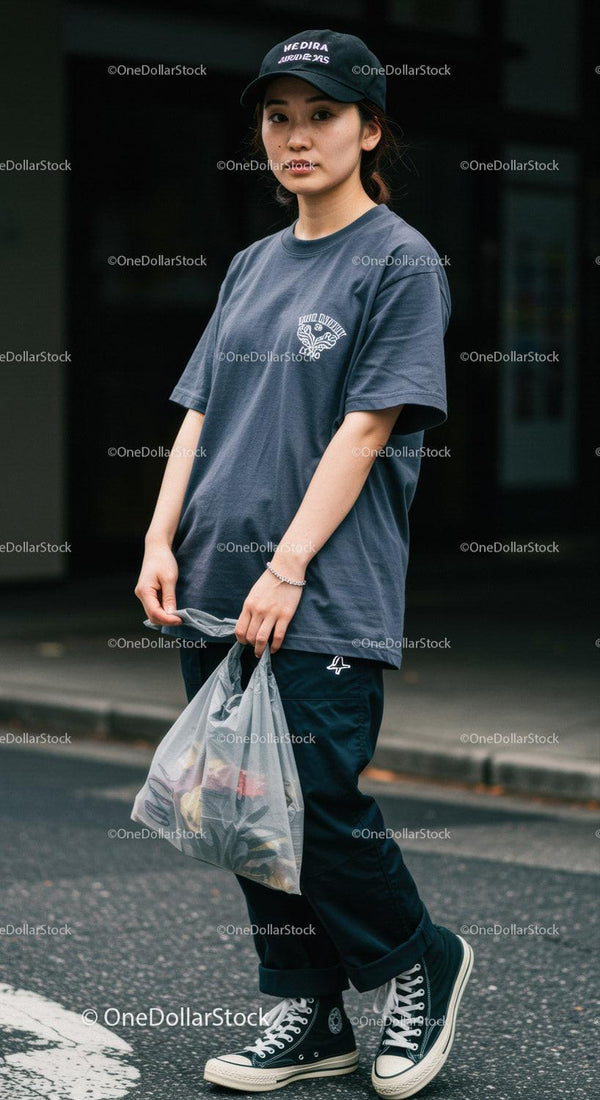 Codzienny strój streetwear z czapką baseballową i sneakersami w miejskim stylu