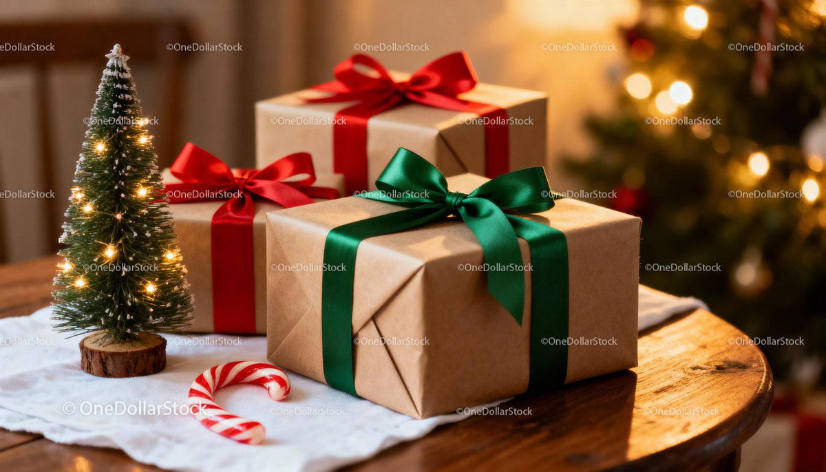 Christmas gifts wrapped with ribbons near miniature tree
