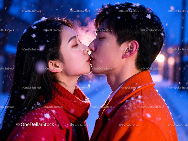 Couple Sharing a Tender Kiss in Snowy Winter Evening