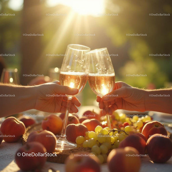 Dwóch ludzi wznoszących toast z musującym winem na świeżym powietrzu