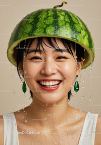 Joyful woman wearing watermelon helmet with water droplets