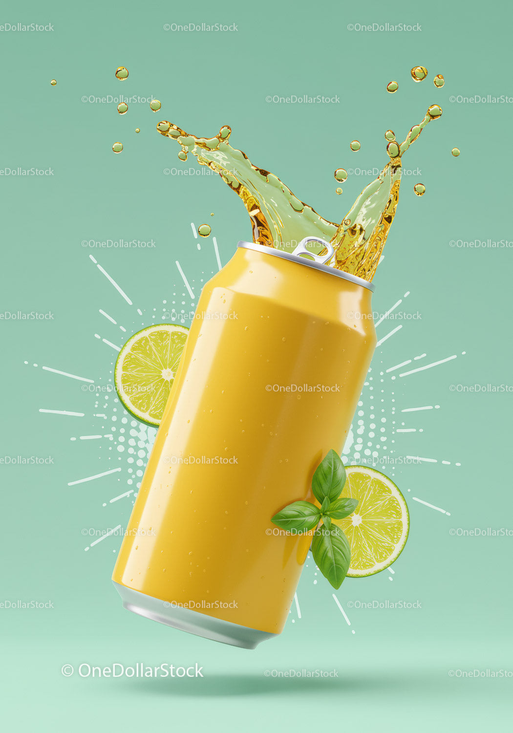 Refreshing yellow soda can with lime and splash
