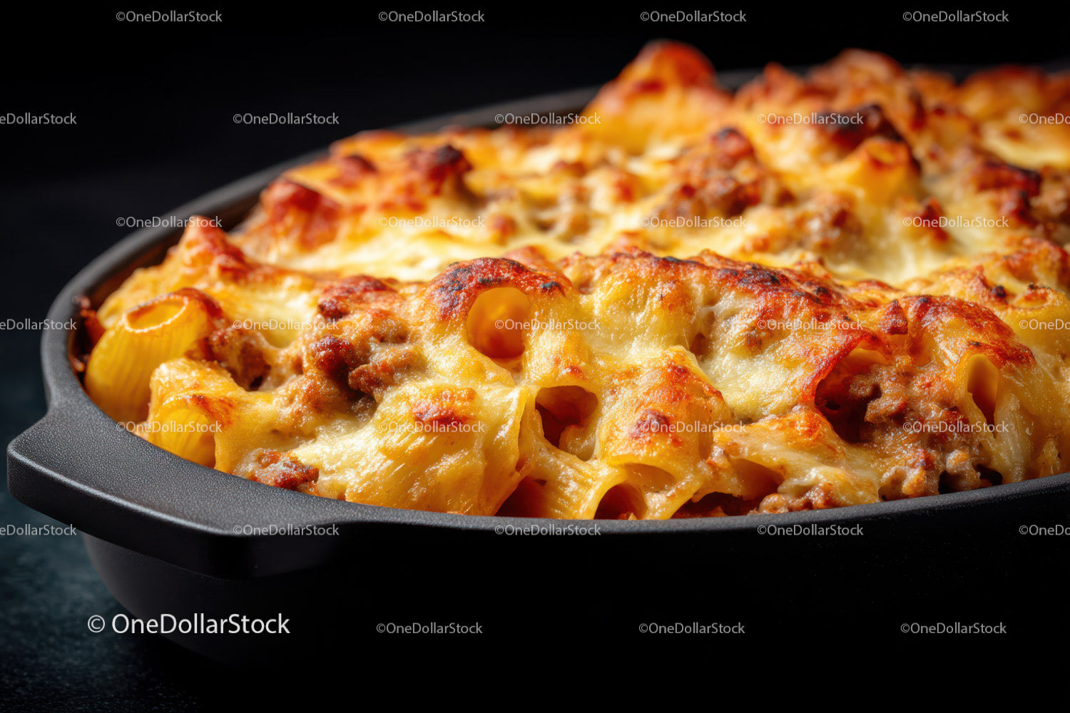 Cheesy Baked Pasta with Ground Beef and Tomato Sauce in a Black Dish