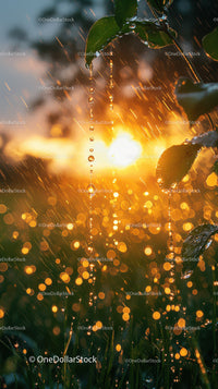 Sunlit Raindrops on Tropical Green Leaves with Warm Glowing Background