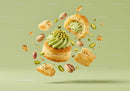 Light puff pastry with pistachio cream and nuts flying