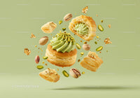 Light puff pastry with pistachio cream and nuts flying