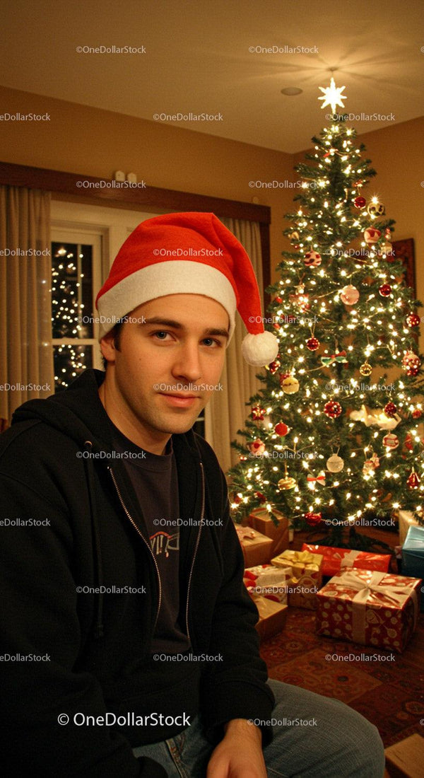 Young man wearing Santa hat by Christmas tree with gifts
