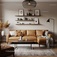 Cozy living room with leather sofa and natural decor