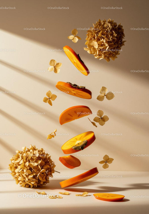 Floating Persimmon Slices with Dried Hydrangea Flowers