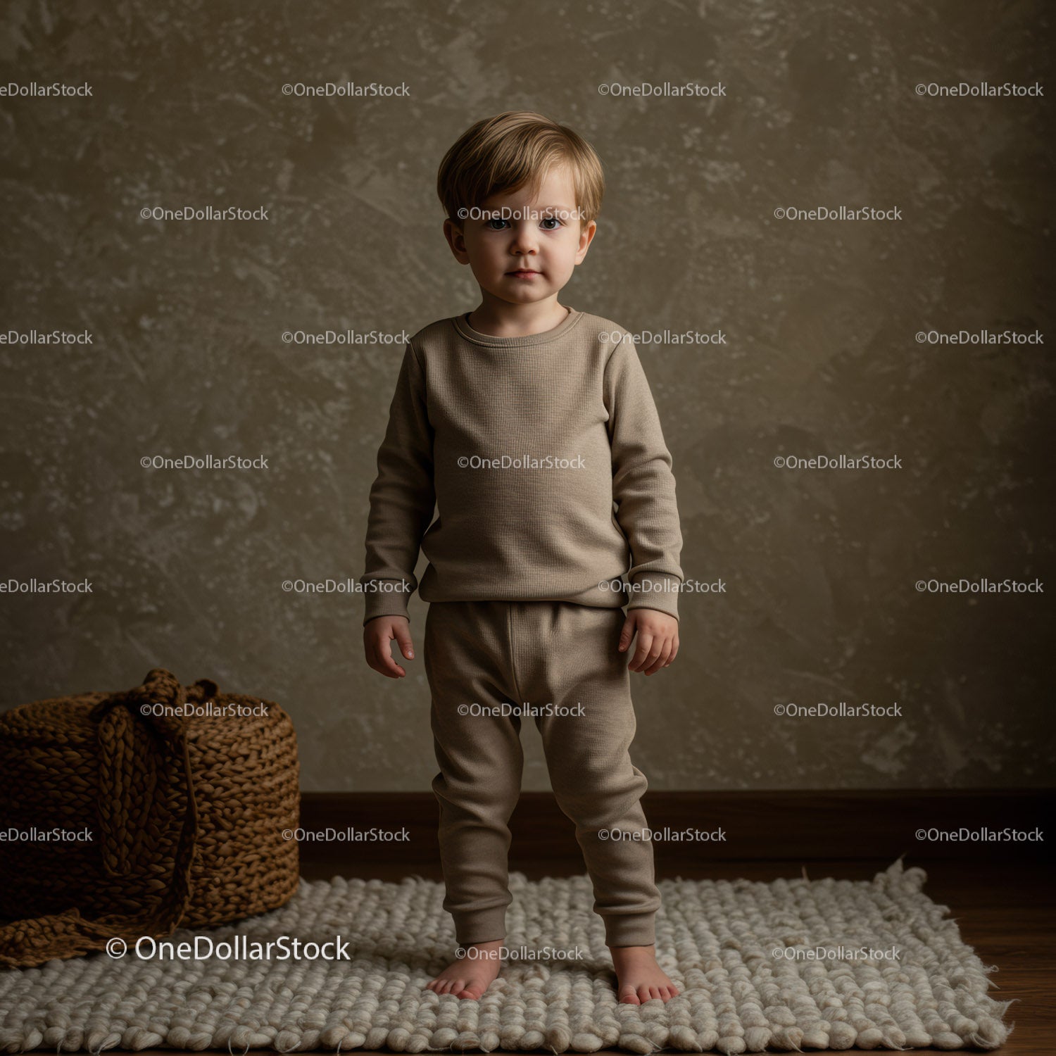 Toddler boy standing barefoot on textured rug indoors
