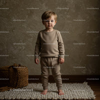 Toddler boy standing barefoot on textured rug indoors