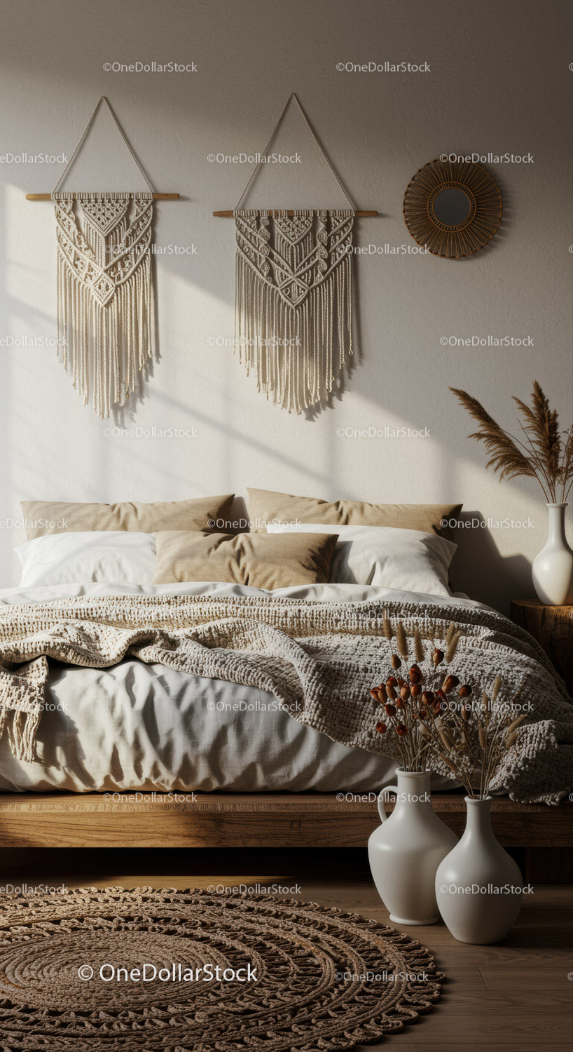 Przytulna sypialnia w stylu boho z ręcznie tkaną dekoracją ścienną