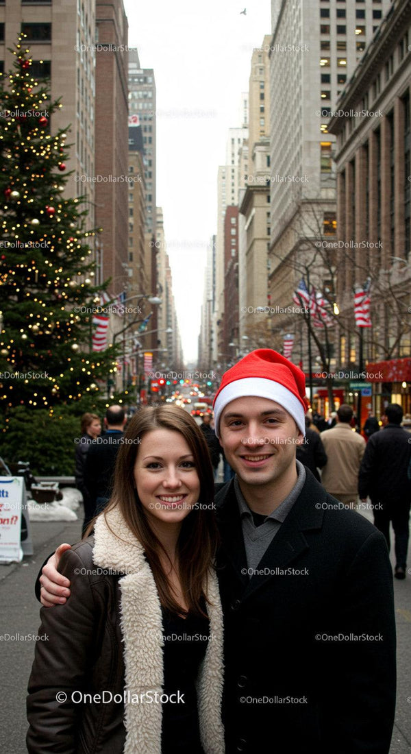 Young Couple Smiling on City Street During Christmas