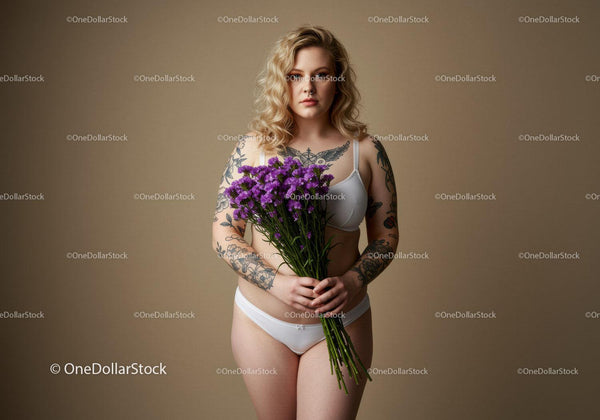 Woman with Multiple Tattoos Holding Purple Flower Bouquet in Studio