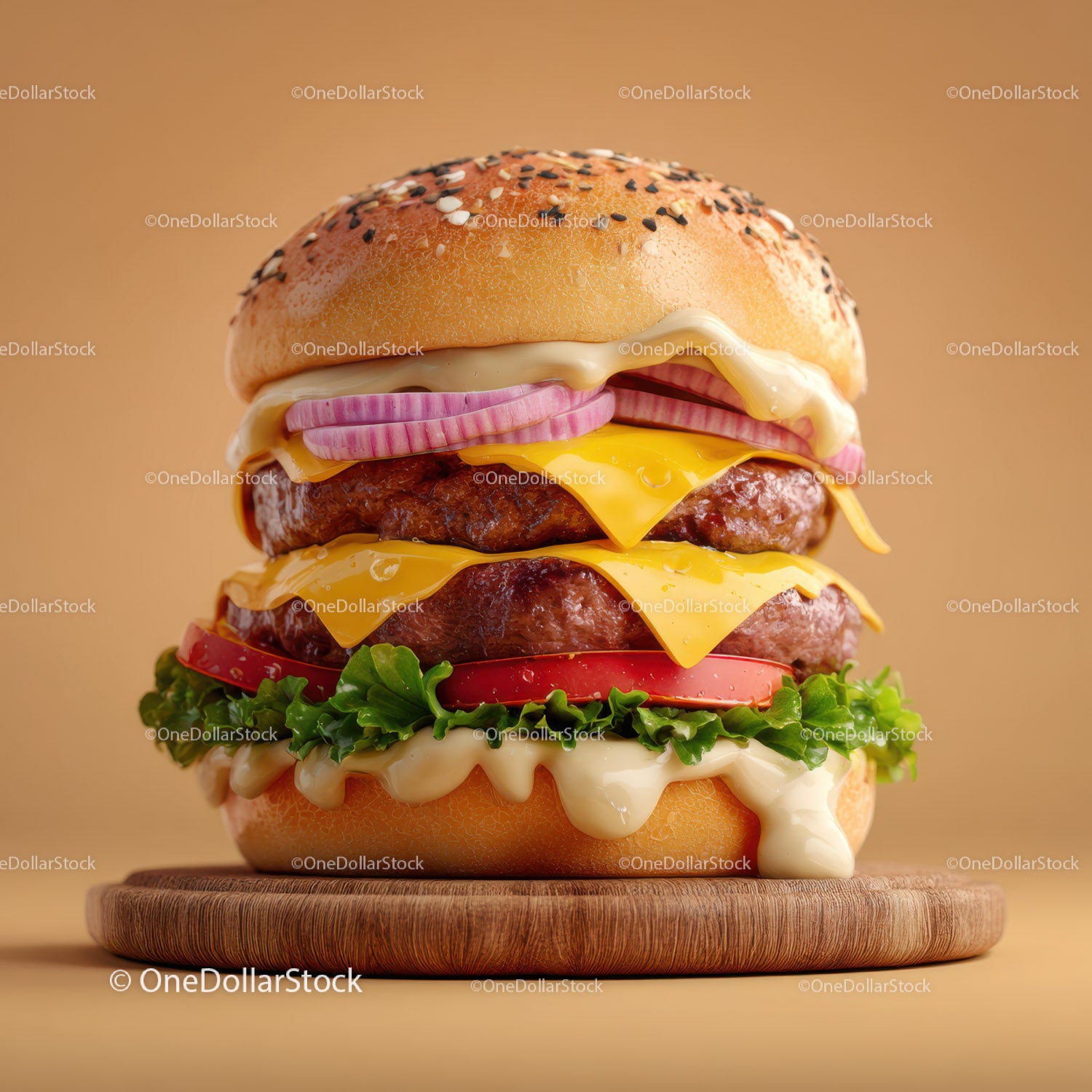 Juicy Double Cheeseburger with Fresh Vegetables on Sesame Bun