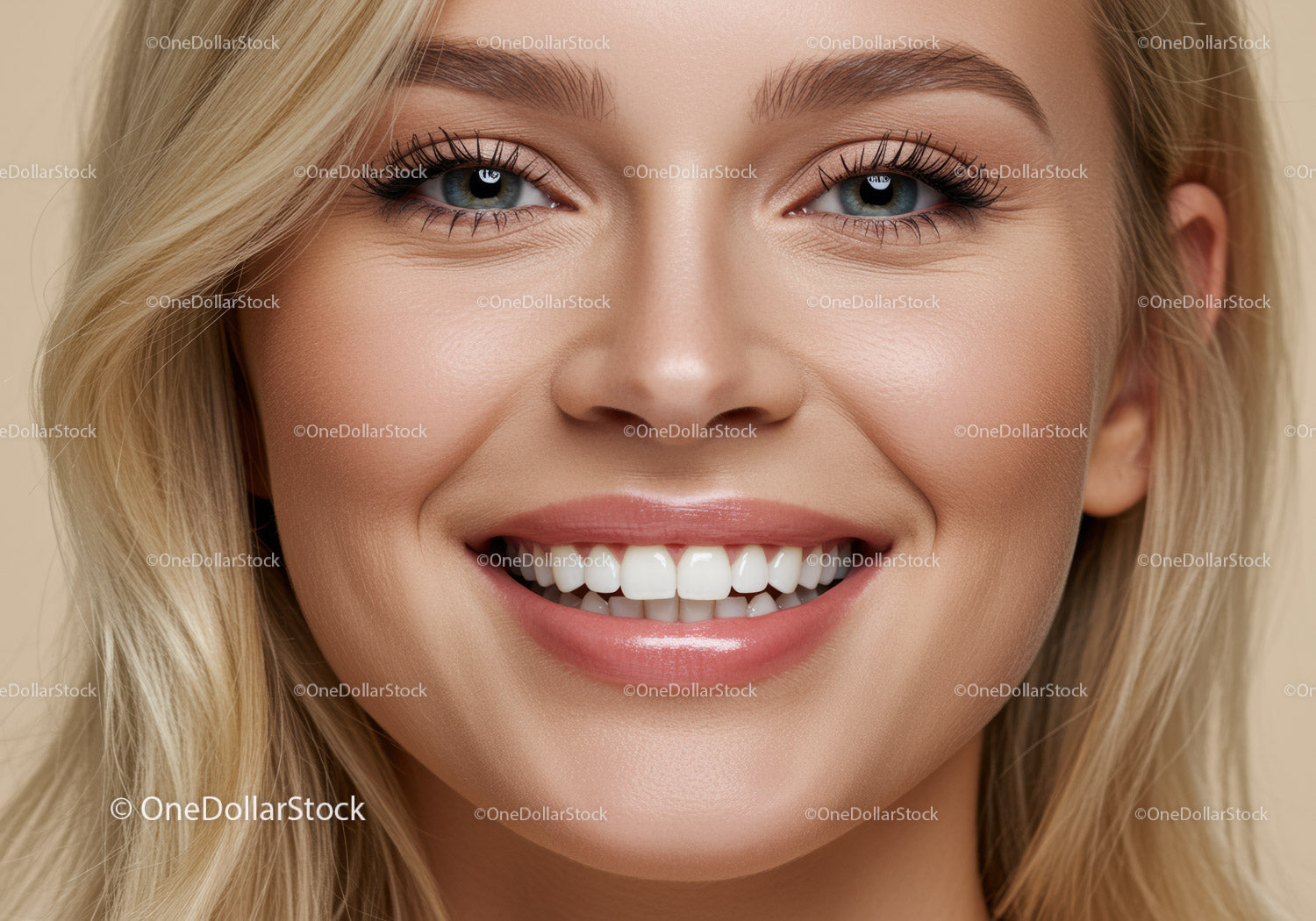 Close Up of Smiling Woman with Bright Blue Eyes