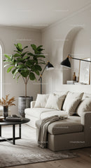 Cozy modern living room with neutral tones and greenery