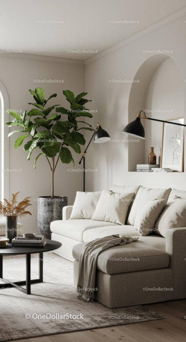 Cozy modern living room with neutral tones and greenery