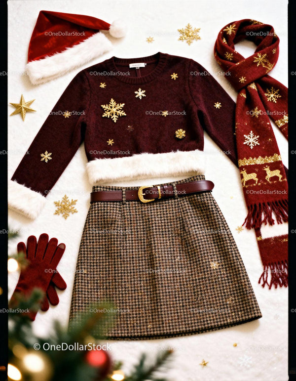 Cozy Christmas outfit with festive accessories flat lay