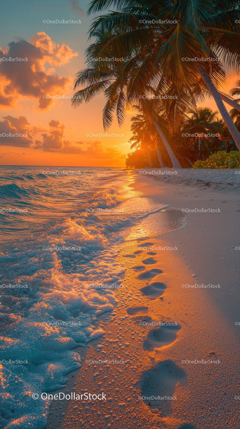 Sunset over Tropical Beach with Palm Trees and Footprints