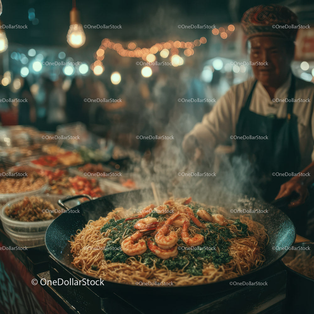 Vibrant Night Market Seafood Noodle Stir-Fry in a Busy Street