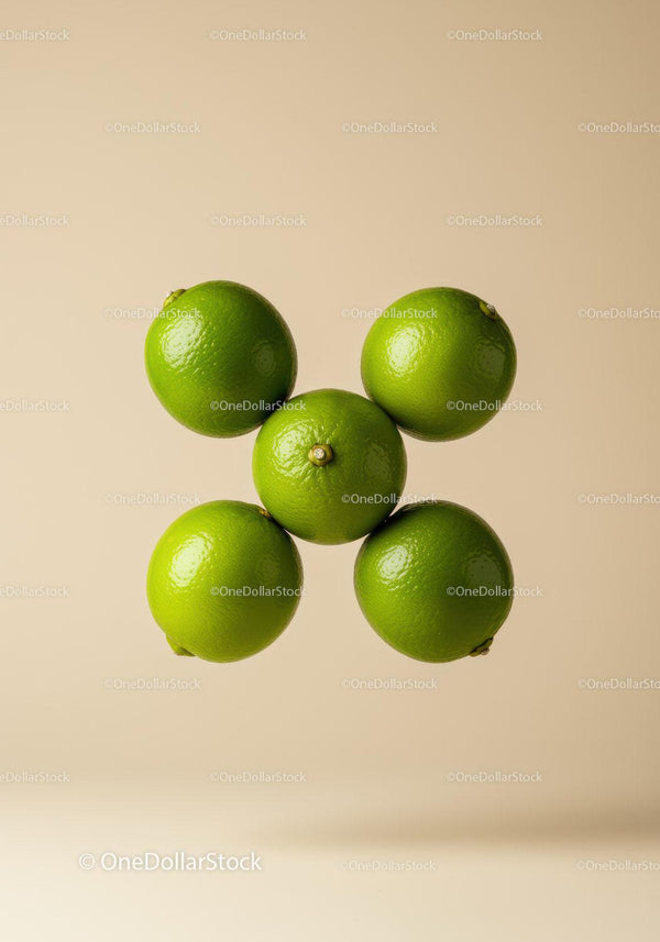 Fresh green limes arranged in abstract floating pattern