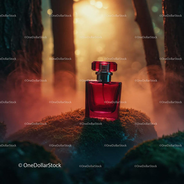 Red Perfume Bottle in Mystical Forest with Sunlight and Fog JPG Mockup Image