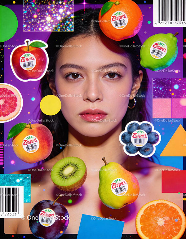 Portret kobiety otoczonej kolorowymi owocami z logo Zespri