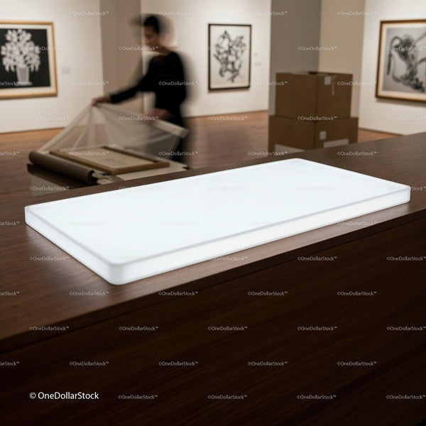 Art Gallery Installation Preparation with Backlit Display Table JPG Mockup Image