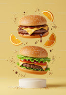 Two Gourmet Cheeseburgers Floating with Orange Slices