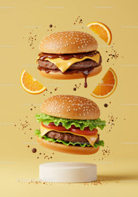 Two Gourmet Cheeseburgers Floating with Orange Slices
