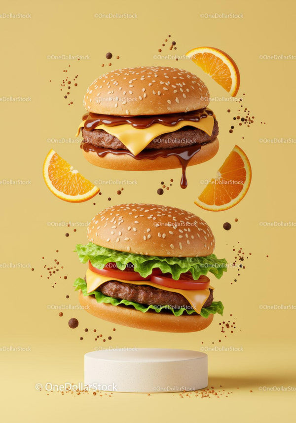 Two Gourmet Cheeseburgers Floating with Orange Slices