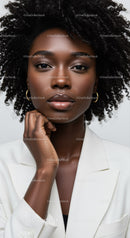 Elegant Black Woman Portrait in White Blazer with Curly Hair