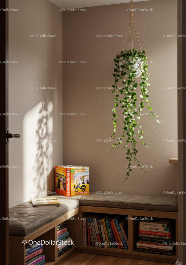 Hanging Pothos Plant in Minimalist Indoor Corner with Bookshelf