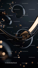 Abstract Black Liquid Bubbles with Gold Particles in Motion