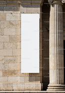 Blank Vertical Banner Hanging on Historic Stone Building