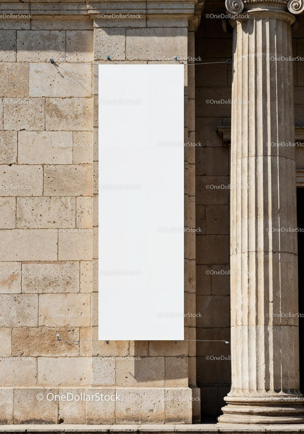 Blank Vertical Banner Hanging on Historic Stone Building JPG Mockup Image