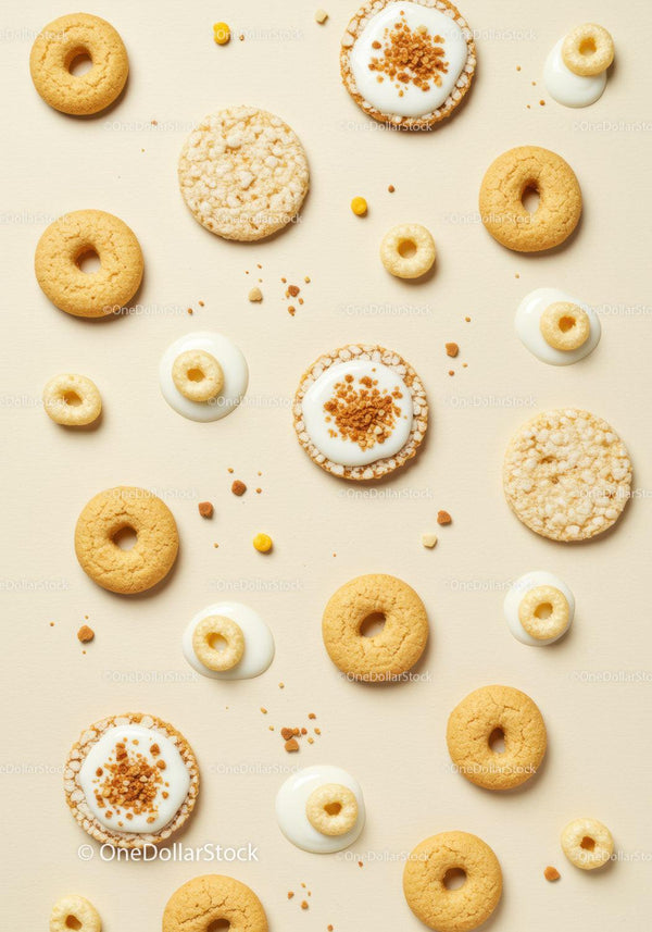 Assorted crunchy cookies and creamy dollops on beige surface