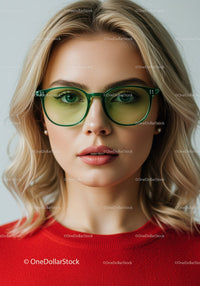 Fashionable Blonde Woman Wearing Green Eyeglasses in Studio